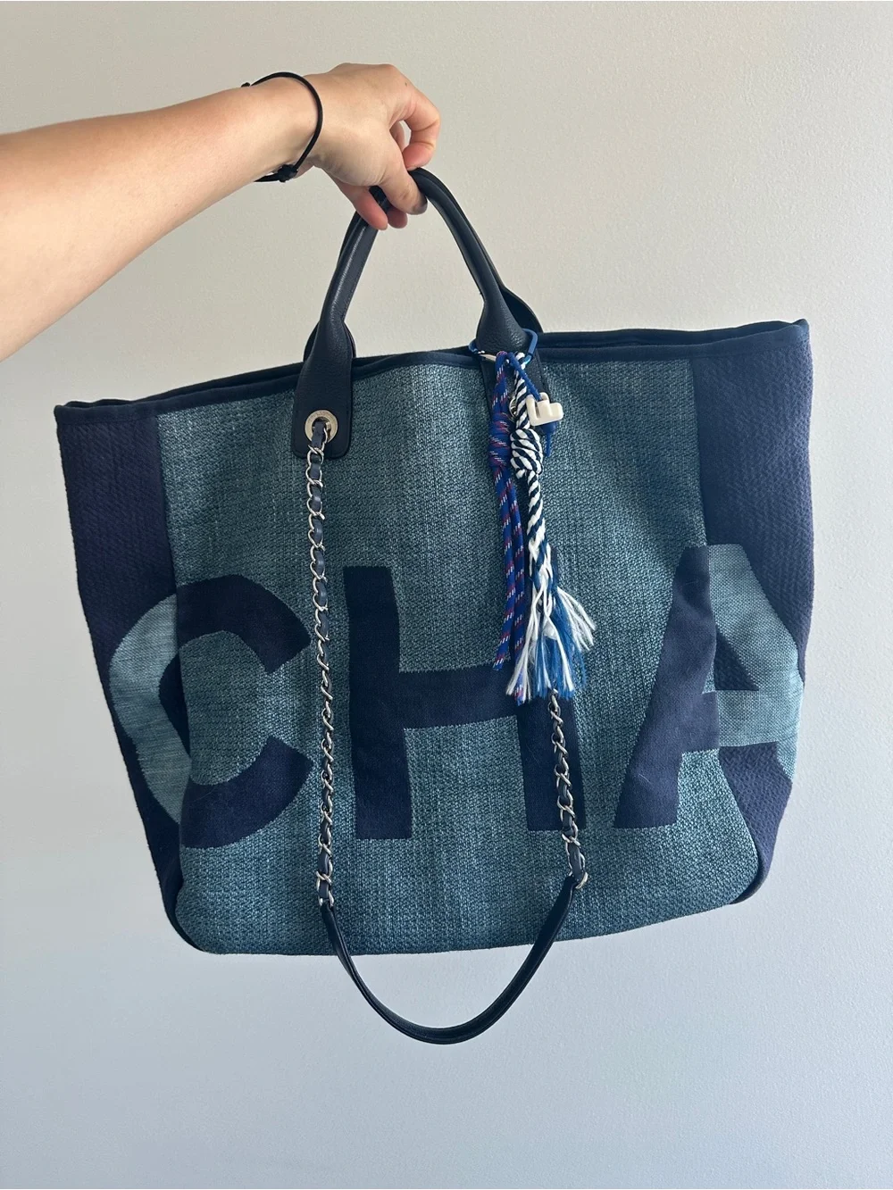 CHANEL Large Denim Tote Bag with silver hardware
